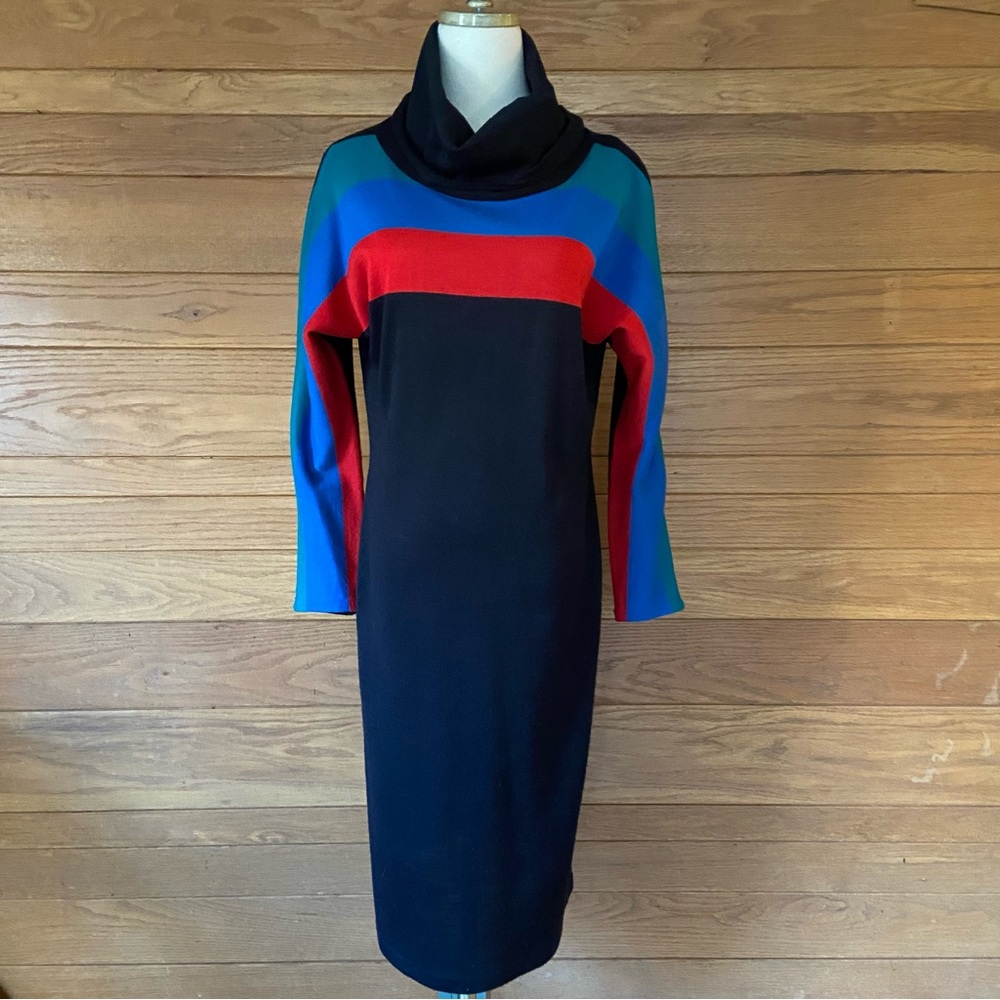 Vintage 70s 80s Leslie Fay wool blend colorblock turtleneck sweater dress